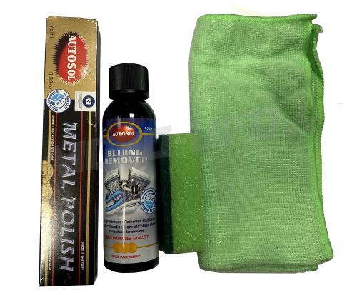 AUTOSOL sada na čistění výfukových svodů moto Bluing Remover+Metal Polish+houbička+utěrka
