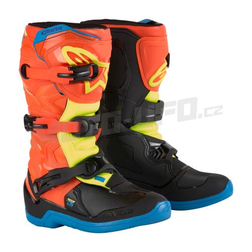 Boty TECH 3S YOUTH, ALPINESTARS, dětské (oranžová fluo/modrá/žlutá fluo/černá) 2025