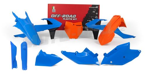 Sada plastů KTM (speciální edice Troy Lee Designs), RTECH (modro-oranžovo-černá, 7 dílů, vč. chráničů vidlic)