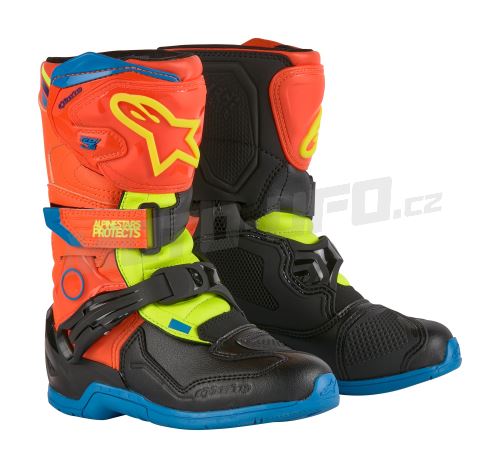 Boty TECH 3S KIDS, ALPINESTARS, dětské (oranžová fluo/modrá/žlutá fluo/černá) 2025